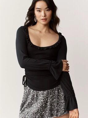 Anthropologie Maeve Long Sleeve Scoop Neck Ruched Top Small Black Vampcore NWT